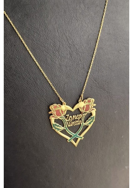 925 Ayar Gümüş 24 Ayar Altın Kaplama 2 Isimli Gül Figürlü Kalp Kolye