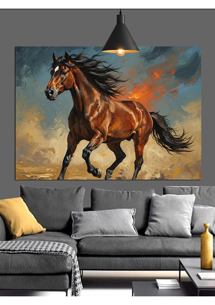 Alevli Koşan Kahverengi At Dekoratif Kanvas - Mdf Ahşap Tablo