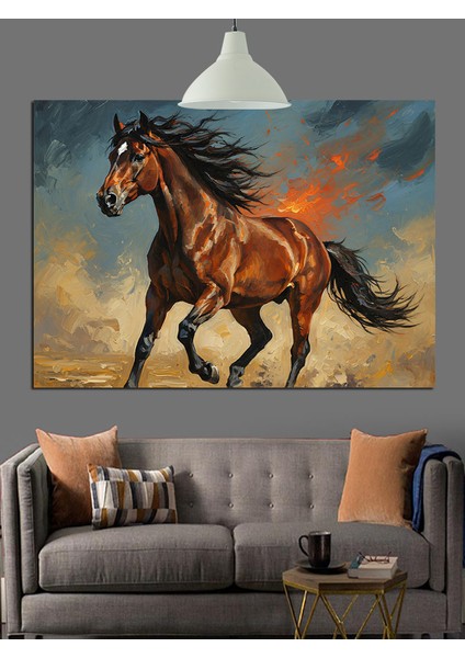 Alevli Koşan Kahverengi At Dekoratif Kanvas - Mdf Ahşap Tablo fiyatları