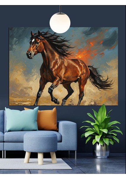 Alevli Koşan Kahverengi At Dekoratif Kanvas - Mdf Ahşap Tablo fırsatları