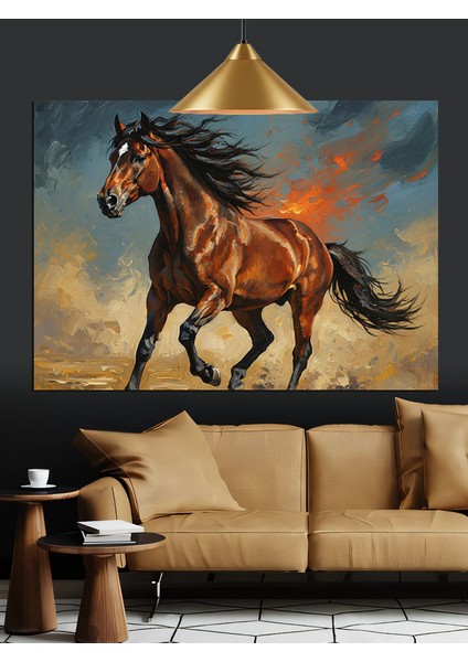 Alevli Koşan Kahverengi At Dekoratif Kanvas - Mdf Ahşap Tablo indirimleri