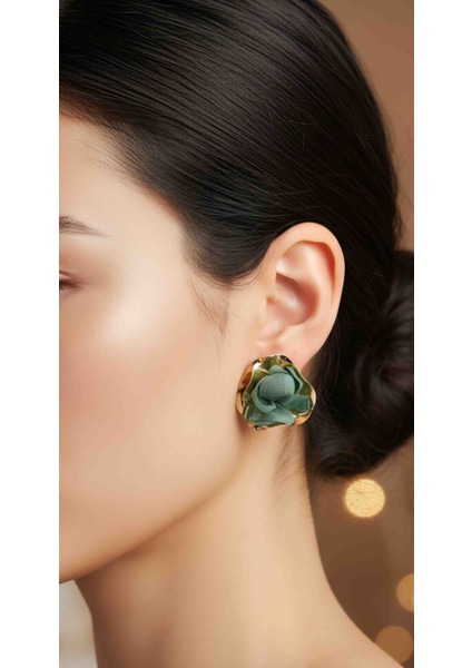 ​zarif Tül Kumaş Yeşil Gül Küpe Seti - Altın Detaylı & 925 Gümüş Iğneli