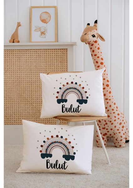 %100 Pamuk Isme Özel 2li Ekru Bebek Yastık Kılıfı 35X45 Cm-Gökkuşağı