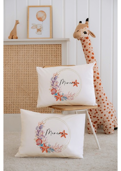 %100 Pamuk Isme Özel 2li Ekru Bebek Yastık Kılıfı 35X45 Cm-Deniz Yıldızı