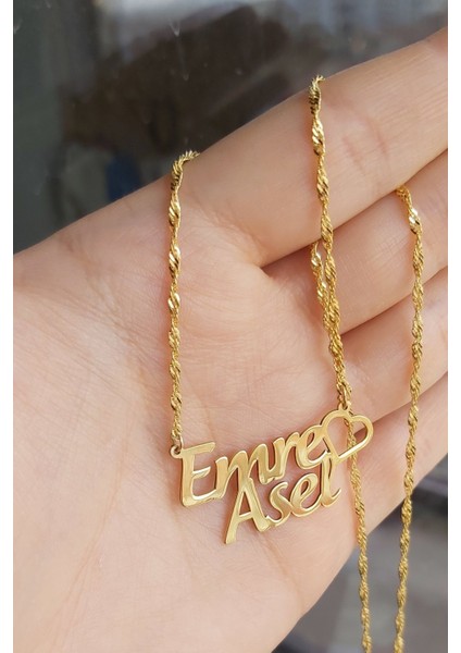 925 Ayar Gümüş 24 Ayar Altın Kaplama 2 Isimli Kalpli Kolye