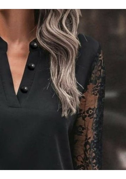 Kadın Uzun Kollu Yaka Düğme Detay Güpürlü Kol Krep Bluz modelleri