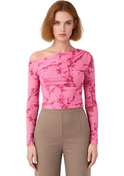 Moda Asimetrik Yaka Örme Slim Çiçekli Desen Casual Günlük Regular Uzun Kol Bluz