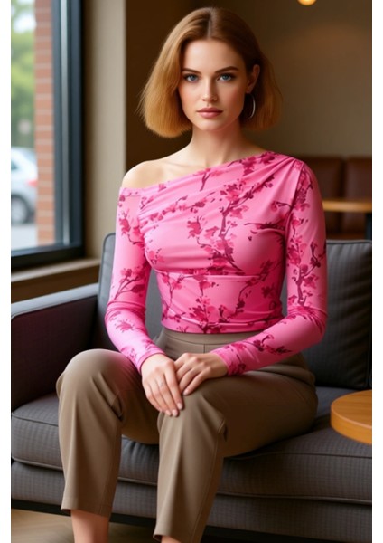 Moda Asimetrik Yaka Örme Slim Çiçekli Desen Casual Günlük Regular Uzun Kol Bluz fırsatları