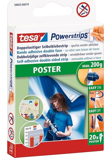 Powerstrips Poster - Poster ve Afişler Için Çift Taraflı Yapışkan Bant - Kendinden Yapışkanlı ve Çok Kez Kullanılabilir - 200 Grama Kadar Tutma Gücü - 20 Adet