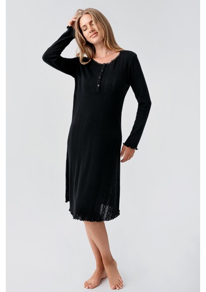 Uzun Kollu Düğmeli Ajurlu Esnek Pamuklu Kısa Gecelik 18107