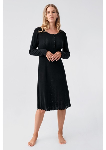 Uzun Kollu Düğmeli Ajurlu Esnek Pamuklu Kısa Gecelik 18107 fiyatları