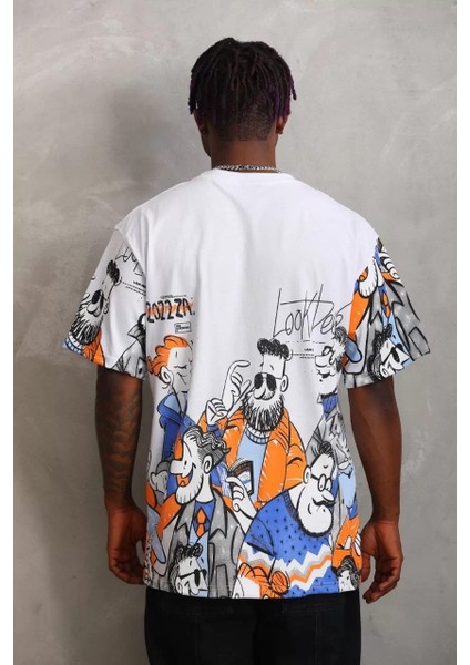 Unisex Oversize Baskılı Bisiklet Yaka T-Shirt - Beyaz fiyatları