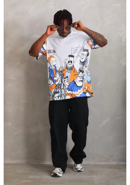 Unisex Oversize Baskılı Bisiklet Yaka T-Shirt - Beyaz modelleri