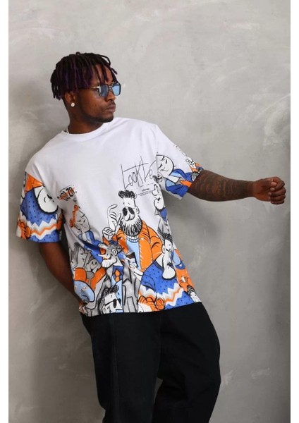 Unisex Oversize Baskılı Bisiklet Yaka T-Shirt - Beyaz fırsatları