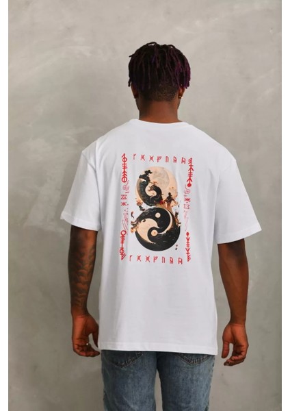 Unisex Oversize Baskılı Bisiklet Yaka T-Shirt - Beyaz fiyatları