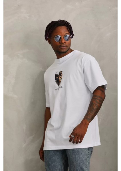 Unisex Oversize Baskılı Bisiklet Yaka T-Shirt - Beyaz fırsatları