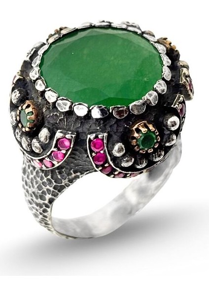 Otantik Yakut ve Zümrüt Taşlı Gümüş Kadın Yüzük