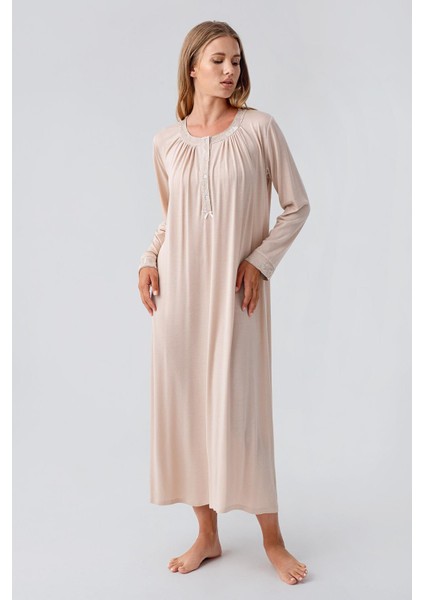 Uzun Kollu Düğmeli Esnek Viskoz Gecelik 18104