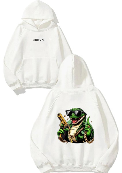 Snake Gun Tasarım Baskılı Oversize Beyaz Kapüşonlu Sweatshirt