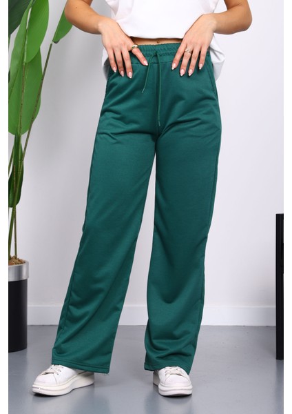 Yeşil Bel Lastikli Iki Iplik Palazzo Eşofman Alt