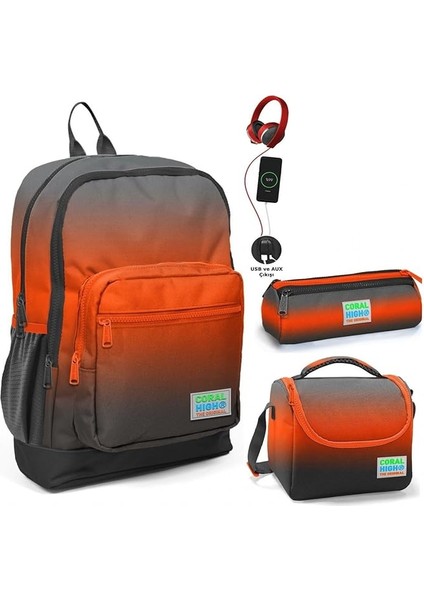 High Siyah Turuncu Gradyan USB Soketli Üçlü Ilkokul Çanta Seti - Erkek Çocuk