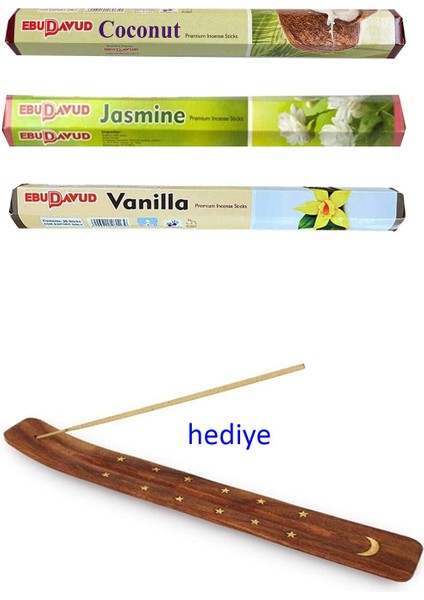 3 Paket 20 Çubuklu Tütsü Jasmine - Coconut - Vanilla - Kayık Hediyeli