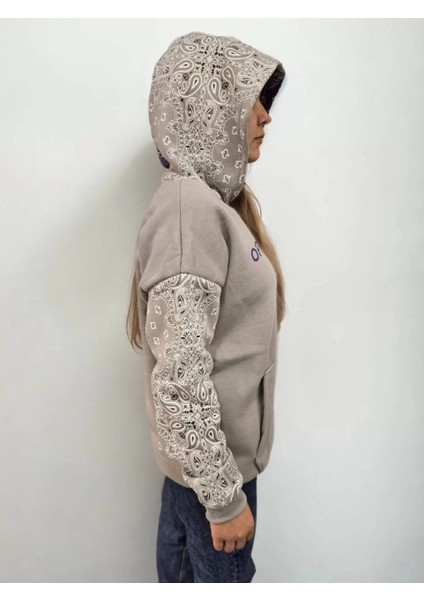 Kadın Baskılı Kapüşonlu Sweatshirt - Gri fırsatları