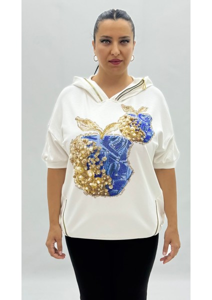 Büyük Beden Taşlı Inci Detaylı Fermuarlı Cepli Oversize Kısa Kol Kadın Bluz