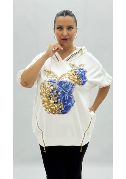 Büyük Beden Taşlı Inci Detaylı Fermuarlı Cepli Oversize Kısa Kol Kadın Bluz fiyatları