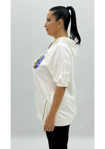 Büyük Beden Taşlı Inci Detaylı Fermuarlı Cepli Oversize Kısa Kol Kadın Bluz modelleri