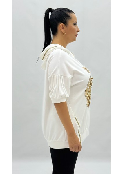 Büyük Beden Taşlı Inci Detaylı Fermuarlı Cepli Oversize Kısa Kol Kadın Bluz indirimleri