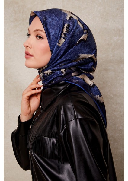 Mavi Zigzag Spor Desen Twill İpek Eşarp