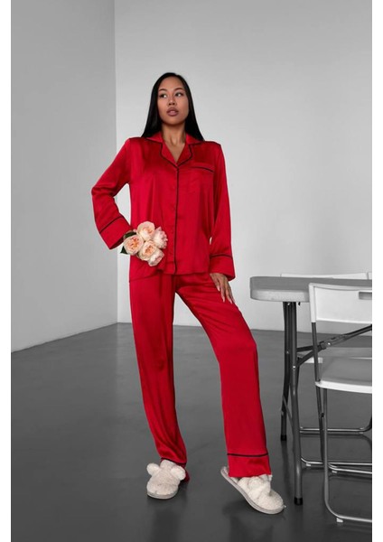 Love Kırmızı Düz Uzun Saten Pijama L