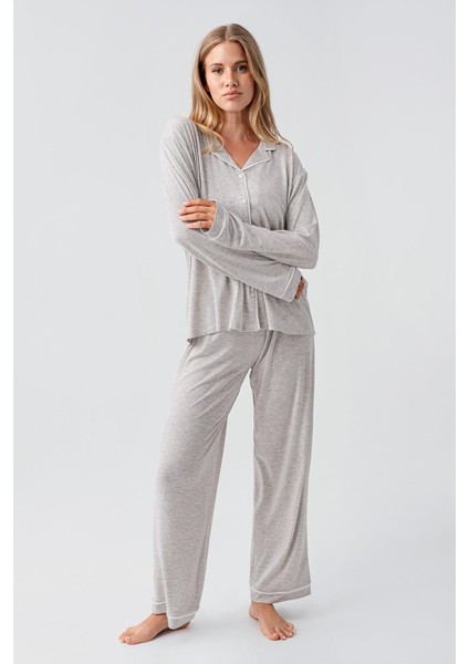 Uzun Kollu Düğmeli Esnek Viskoz Pijama Takım 18207 fiyatları