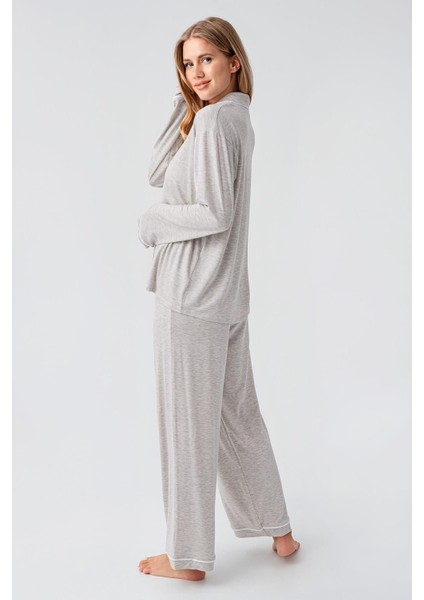 Uzun Kollu Düğmeli Esnek Viskoz Pijama Takım 18207 modelleri
