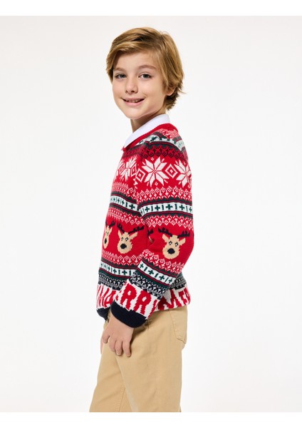 Bisiklet Yaka Uzun Kollu Yılbaşı Desenli Triko Kazak