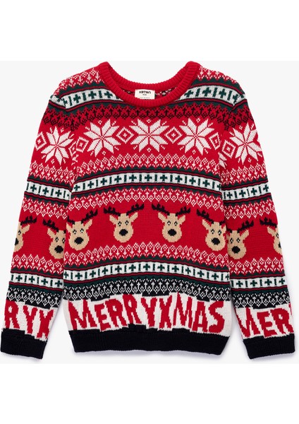 Bisiklet Yaka Uzun Kollu Yılbaşı Desenli Triko Kazak modelleri