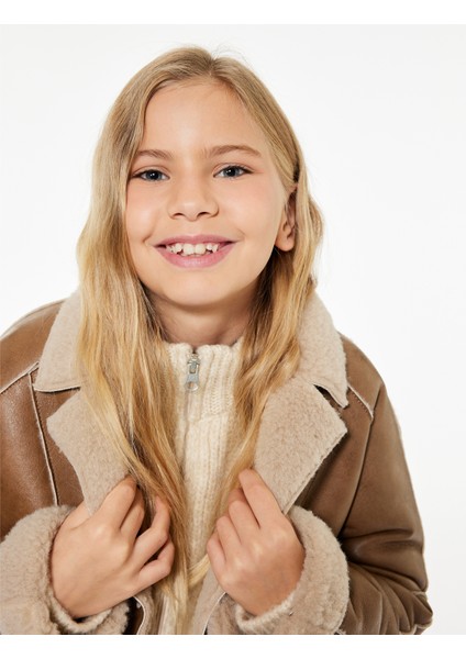 Suni Kürklü Peluş Yaka Kruvaze Uzun Suni Deri Kaban