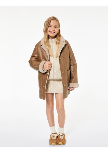 Suni Kürklü Peluş Yaka Kruvaze Uzun Suni Deri Kaban fiyatları