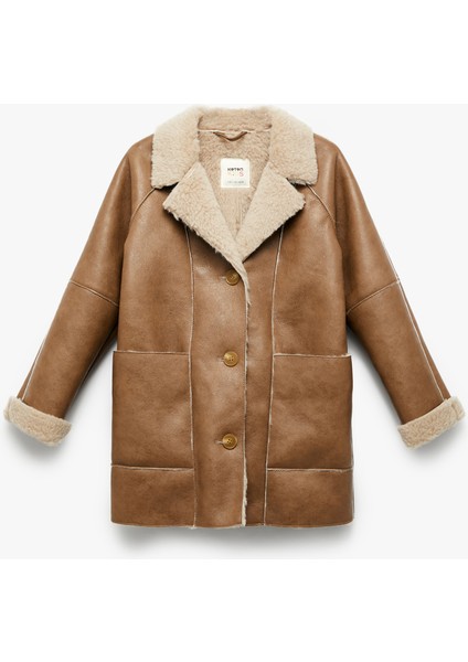 Suni Kürklü Peluş Yaka Kruvaze Uzun Suni Deri Kaban fırsatları