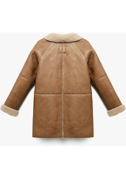 Suni Kürklü Peluş Yaka Kruvaze Uzun Suni Deri Kaban indirimleri