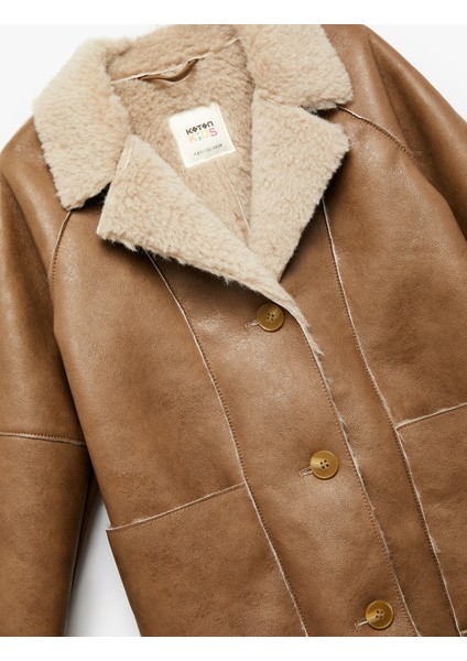 Suni Kürklü Peluş Yaka Kruvaze Uzun Suni Deri Kaban