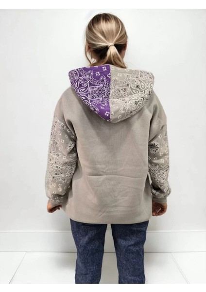 Kadın Baskılı Kapüşonlu Sweatshirt - Gri indirimleri