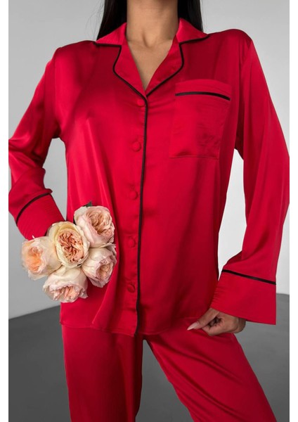 Love Kırmızı Düz Uzun Saten Pijama L indirimleri