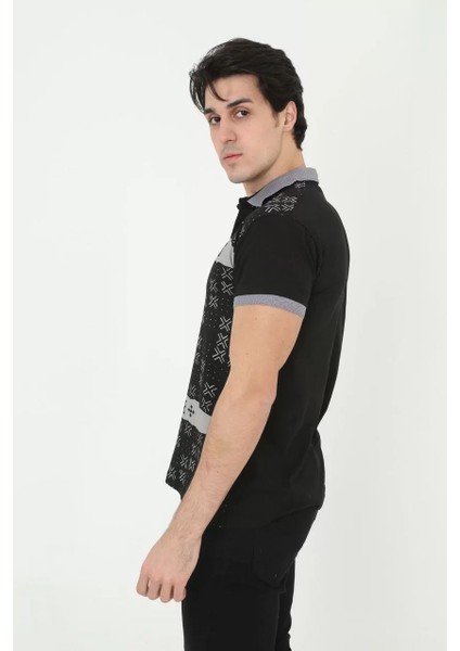 Erkek Yakalı Slim Fit Baskılı T-Shirt - Siyah fırsatları