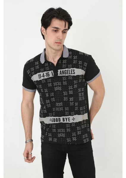 Erkek Yakalı Slim Fit Baskılı T-Shirt - Siyah indirimleri