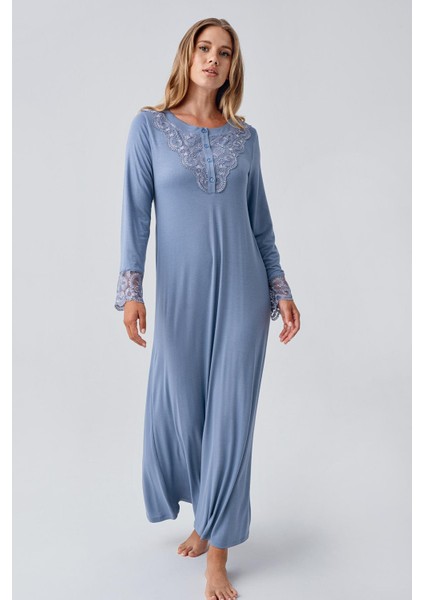 Uzun Kollu Dantelli Düğmeli Esnek Viskoz Gecelik fiyatları