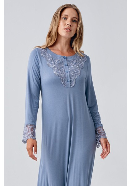 Uzun Kollu Dantelli Düğmeli Esnek Viskoz Gecelik modelleri