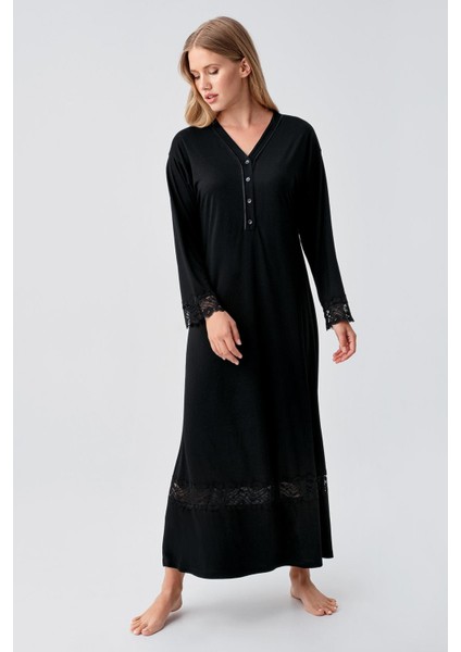 Uzun Kollu Dantelli Düğmeli Esnek Viskoz Gecelik 18106