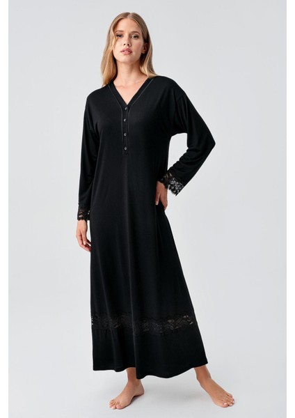 Uzun Kollu Dantelli Düğmeli Esnek Viskoz Gecelik 18106 fiyatları